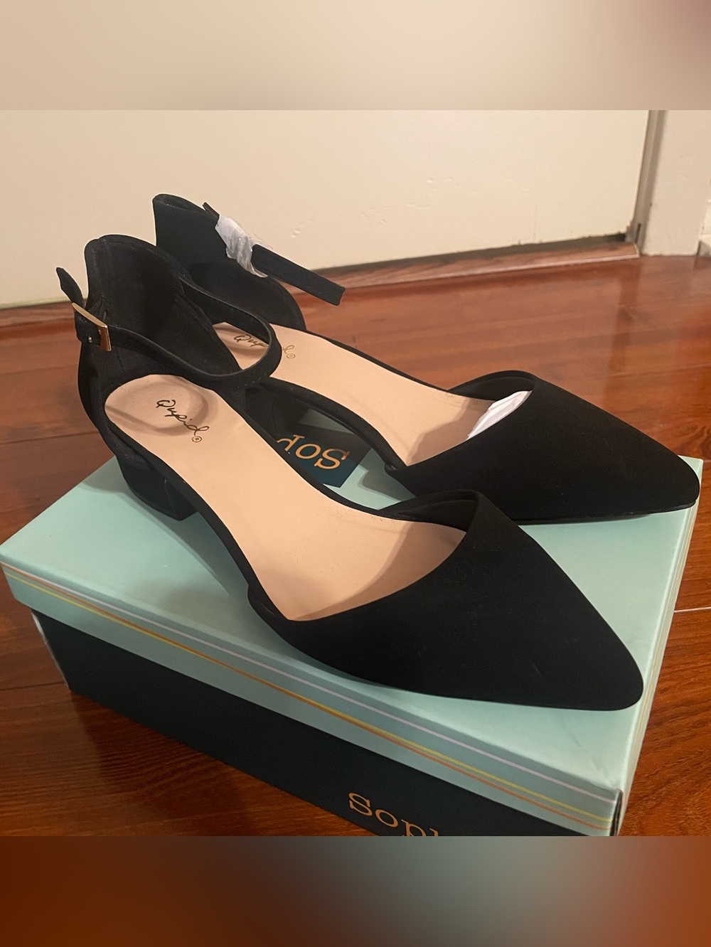 Qupid Black Pointed D'Orsay Ankle-Strap Low Block Heels